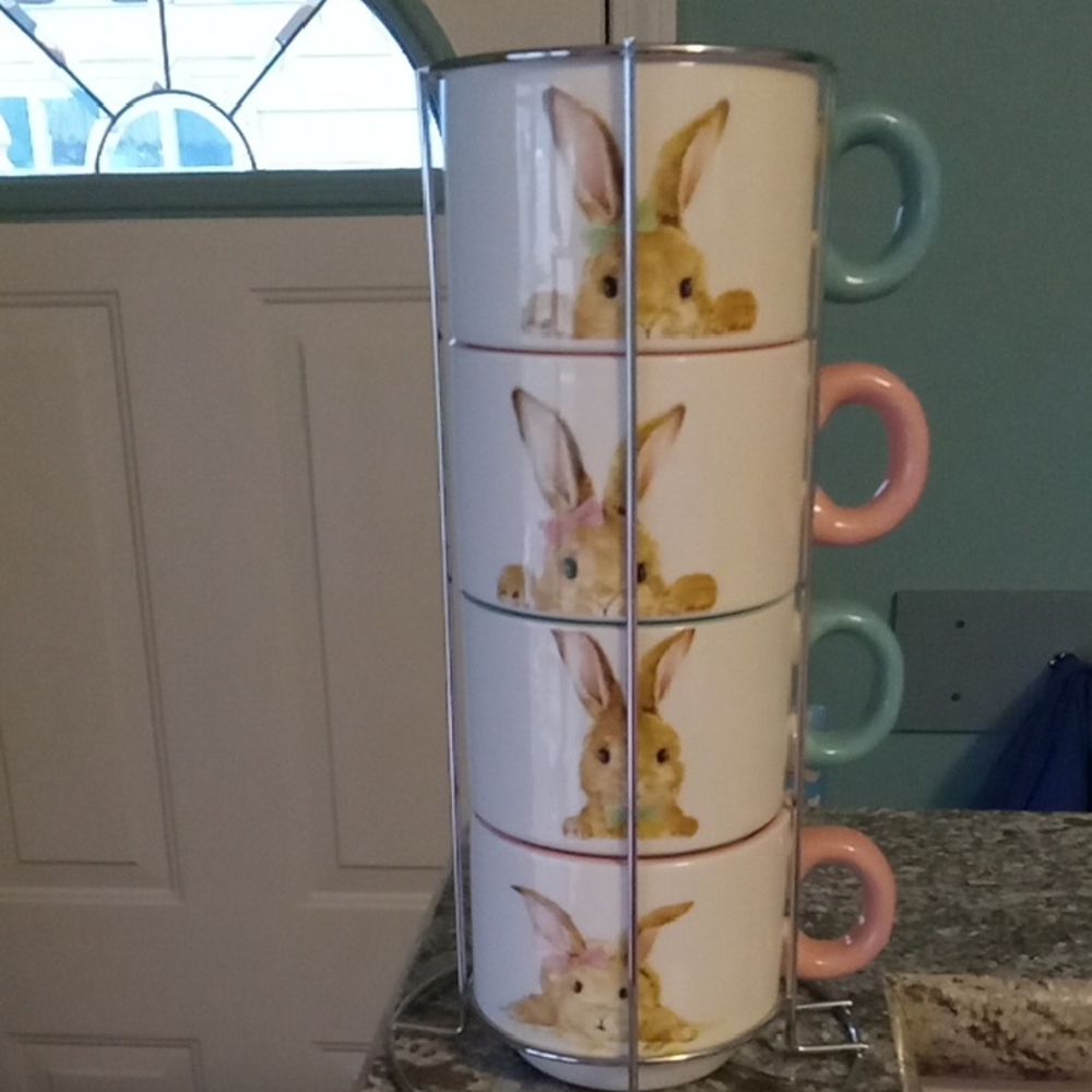 StackableEaster Bunny Ceramic Mug Set - Pink & Light Blue